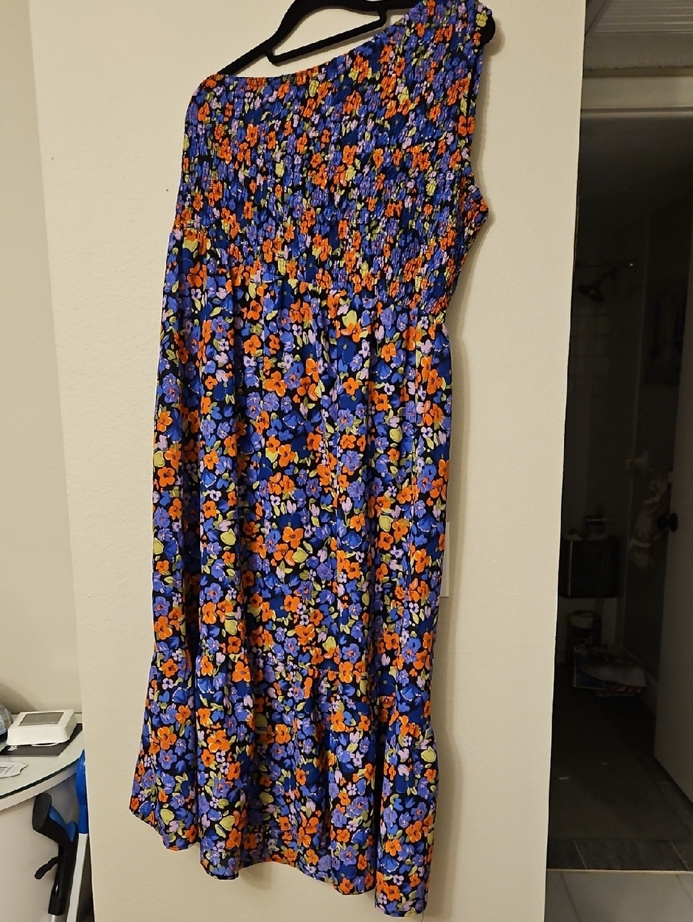 One-Shoulder Floral Midi Skirt in Blue and Orange